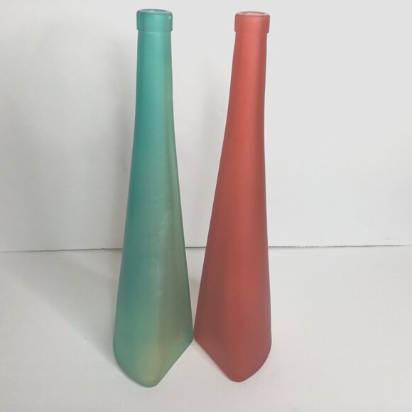 Pair VTG Asymmetrical Conical Frosted Glass Vases Red Teal Numbered Stamped 14" - Picture 1 of 10